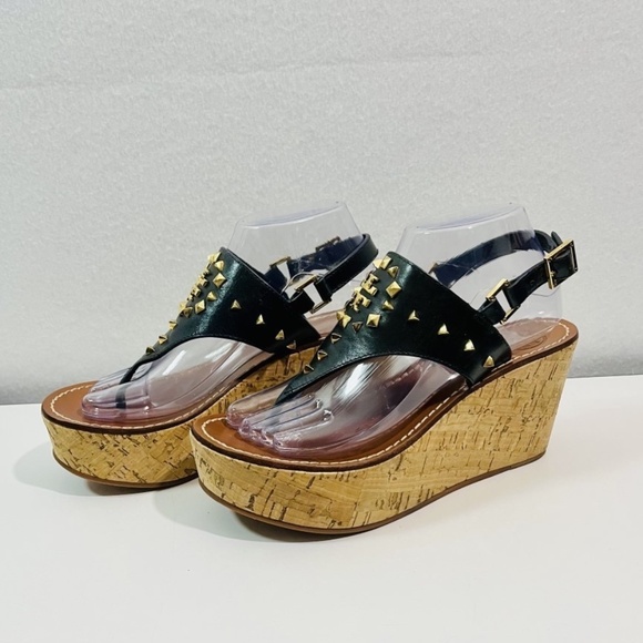 Tory Burch Dale Cork Wedge Size 8M Gold Spike Leather Thong Sandals - Picture 1 of 10
